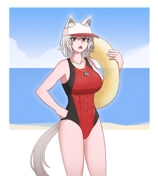 Rule 34 | 1girl, abs, animal ear fluff, animal ears, beach, black one-piece swimsuit, breasts, cloud, cloudy sky, commentary, competition swimsuit, cowboy shot, fang, hand on own hip, highres, innertube, inubashiri momiji, lifeguard, looking at viewer, mata (matasoup), multicolored swimsuit, muscular, muscular female, navel, one-piece swimsuit, open mouth, red eyes, red one-piece swimsuit, sky, solo, swim ring, swimsuit, tail, touhou, visor cap, whistle, whistle around neck, white hair, wolf ears, wolf tail