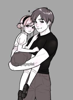 1boy 1girl artist_name blush capcom carrying child closed_mouth cowboy_shot eyebrows_hidden_by_hair hair_bun highres leon_s._kennedy lola_(agegapist) looking_at_viewer looking_back monochrome pants pink_theme resident_evil resident_evil_2 sherry_birkin shirt shoes short_hair shorts simple_background single_hair_bun socks standing t-shirt twisted_torso watermark