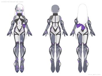 1girl android black_one-piece_swimsuit blue_eyes bow breasts colored_skin commission english_text full_body grey_skin high_heels highres julie_(rolleybun) large_breasts long_hair mechanical_arms monokini multiple_views navel one-piece_swimsuit original purple_bow reference_sheet simple_background solo swimsuit thigh_gap twitter_username white_background white_hair white_skin