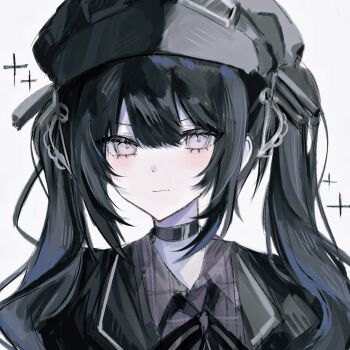 Rule 34 | 1girl, black choker, black hair, black hat, black ribbon, choker, closed mouth, goggles, goggles on headwear, grey eyes, hair between eyes, hat, higasa (hikasaaawa), highres, kurobe nanoka, long hair, looking at viewer, mahou shoujo no majo saiban, neck ribbon, portrait, ribbon, simple background, solo, sparkle, twintails, white background