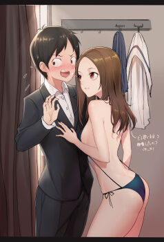Rule 34 | 1boy, 1girl, absurdres, aged up, ass, bikini, black hair, blue bikini, blush, breasts, brown eyes, brown hair, business suit, collared shirt, couple, dress shirt, flustered, flying sweatdrops, forehead, formal clothes, halterneck, hand on another's chest, heart, highres, karakai jouzu no takagi-san, letterboxed, long hair, long sleeves, looking at another, nishikata, nose blush, open mouth, parted bangs, parted lips, sanpaku, saya species, shirt, side-tie bikini bottom, sideboob, suit, swimsuit, takagi-san, translated, wavy mouth, white shirt