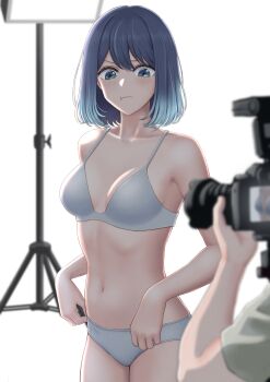 Rule 34 | 1boy, 1girl, absurdres, artist request, blue eyes, blue hair, bra, breasts, camera, casting couch, closed mouth, commentary request, gradient hair, head out of frame, highres, kurokawa akane, medium breasts, multicolored hair, oshi no ko, panties, recording, solo focus, underwear, undressing, white bra, white panties
