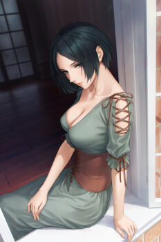 1girl black_hair blue_eyes breasts brown_bodice cleavage collarbone commentary dress english_commentary fata_morgana_no_yakata giselle_(fata_morgana_no_yakata) green_dress highres large_breasts looking_at_viewer low_neckline miura-n315 muntins open_window short_hair short_sleeves solo tile_floor tiles window windowsill wooden_floor