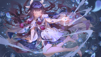 Rule 34 | 1girl, barefoot, black hair, blue flower, blue petals, closed eyes, columbina (genshin impact), commentary, dress, english commentary, eye mask, falling petals, felicia chen, flower, genshin impact, gradient hair, hair intakes, hair ribbon, head wings, highres, long hair, mask, multicolored hair, open mouth, petals, purple hair, ribbon, sitting, solo, very long hair, water, white dress, white ribbon, white wings, wings, yokozuwari
