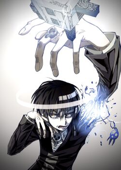 1boy black_hair brooch death_the_kid dismemberment formal_clothes hasda highres jewelry looking_at_viewer male_focus multicolored_hair open_mouth severed_limb shirt short_hair skull skull_brooch skull_ring solo soul_eater striped_hair suit white_hair yellow_eyes