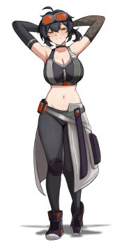 1girl ahoge armpits arms_behind_head arms_up asymmetrical_gloves bare_shoulders belt black_choker black_gloves black_hair black_pants black_shoes black_sports_bra breasts choker cleavage collarbone commentary crop_top crossed_belts double-parted_bangs english_commentary explosive fangs_(fangs_art) fishnet_gloves fishnets gloves goggles goggles_on_head grace_howard grenade grey_belt hair_between_eyes highres knee_pads large_breasts long_hair looking_at_viewer midriff mismatched_gloves navel orange_eyes pants parted_lips ponytail shadow shoes sidelocks simple_background smile solo sports_bra stomach tight_clothes tight_pants waist_cape white_background zenless_zone_zero zipper_top