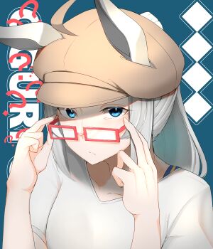 1girl ? absurdres adjusting_eyewear ahoge bespectacled blue_background blue_eyes brown_hat casual character_name closed_mouth commentary ears_through_headwear flat_cap frown glasses grey_hair hair_through_headwear hair_up hat highres horse_girl janome_de_omukae looking_at_viewer medium_hair oguri_cap_(umamusume) ponytail portrait rectangular_eyewear red-framed_eyewear shirt short_sleeves solo t-shirt text_background umamusume umamusume:_cinderella_gray white_shirt