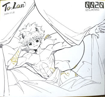 1boy body_markings hand_on_own_face horns hunter_x_hunter kariki_hajime killua_zoldyck male_focus muscular nude photo_(medium) short_hair solo traditional_media