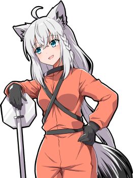 1girl animal_ears black_gloves blue_eyes collared_shirt commentary_request crossed_bangs double-parted_bangs fox_ears fox_girl gloves grey_hair hair_between_eyes hand_on_own_hip hazmat_suit highres hololive jumpsuit leaning_on_object lethal_company long_hair low_ponytail open_mouth orange_jumpsuit ponytail road_sign shirakami_fubuki shirt sideways_glance sign simple_background smile solo stop_sign transparent_background virtual_youtuber yuto_(dialique)