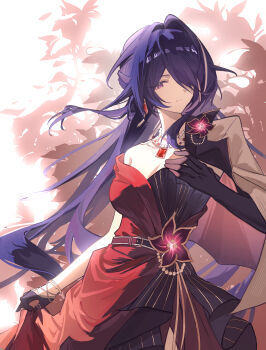 1girl absurdres acheron_(honkai:_star_rail) acheron_(star_rail_live_2025)_(honkai:_star_rail) black_gloves bracelet breasts chinese_commentary cleavage closed_mouth dress earrings ehunjiang flower gloves glowing hair_intakes hair_over_one_eye highres honkai:_star_rail honkai_(series) jewelry large_breasts long_hair long_sleeves looking_down looking_to_the_side multicolored_hair outdoors purple_eyes purple_hair red_dress single_sleeve solo streaked_hair upper_body