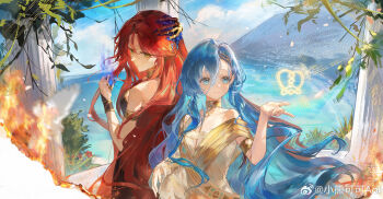 2girls 37_(reverse:1999) absurdres ancient_greek_clothes armlet bare_shoulders black_dress blue_eyes blue_hair blue_sky burning cloud column day dress fire gold_choker greco-roman_clothes green_eyes hair_between_eyes hand_up highres hofmann_knot holding_ornament jewelry long_hair looking_at_another looking_at_object looking_back mountain multiple_girls ocean pendant pillar plant red_hair reverse:1999 sky smile sophia_(manus_vindictae)_(reverse:1999) sophia_(reverse:1999) toga upper_body very_long_hair watermark weibo_watermark xiao_xiong_keke_aoi