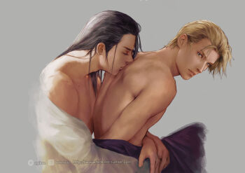 2boys artist_name bindi black_hair blonde_hair blue_eyes brilcrist closed_eyes closed_mouth earrings final_fantasy final_fantasy_vii final_fantasy_vii_remake grey_background jewelry kiss kissing_back long_hair looking_at_another male_focus multiple_boys nostrils parted_lips partially_undressed rufus_shinra scar scar_on_arm scar_on_chest shiny_skin short_hair shoulder_blades simple_background square_enix topless_male tseng turks_(ff7) twitter_username watermark web_address yaoi