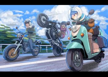 3girls aviator_goggles black_gloves blue_hair boots brown_boots brown_gloves brown_hair character_request cloud cloudy_sky coat commentary_request copyright_request driving exhaust_pipe fur-trimmed_jacket fur_trim gloves goggles goggles_on_head green_jacket helmet jacket kagamihara_nadeshiko motion_blur motor_vehicle motorcycle motorcycle_helmet multicolored_jacket multiple_girls purple_eyes purple_hair red_jacket road sashizume_soutarou scarf scooter shima_rin sky sleeping_bag wheelie winter_clothes winter_coat yellow_scarf yurucamp