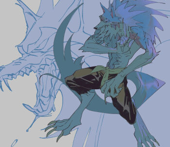 1boy abs animal animal_ears biceps blue_fur claws darkstalkers fangs furry furry_male highres jon_talbain male_focus mane multicolored_fur muscular muscular_male open_mouth pants pectorals purple_pants sharp_teeth slashing solo syag_2 tail teeth tongue topless_male werewolf white_fur wolf