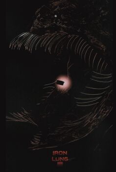 Rule 34 | absurdres, animal, bifurcated jaw, creature, eel, eldritch abomination, glowing, highres, horror (theme), iron lung (movie), monster, mr-marker-tw, no humans, open mouth, oversized animal, poster parody, simon (iron lung), size difference, submarine, too many teeth, watercraft