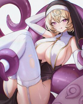 1girl absurdres alternate_costume black_veil blonde_hair breast_curtains breastless_clothes breasts cameltoe coif elbow_gloves gloves heart heart-shaped_pupils highres knees_up large_breasts looking_at_viewer mole mole_under_mouth monster_girl nun pelvic_curtain purple_eyes scylla short_hair simple_background solo symbol-shaped_pupils tentacle_tail thighhighs tongue tongue_out torn_clothes torn_thighhighs veil white_background white_gloves white_thighhighs yidhari_murphy zenless_zone_zero zzirit6