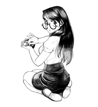 1girl :o black_hair black_skirt commentary electric_niw english_commentary from_behind glasses greyscale gun handgun holding holding_gun holding_weapon kneeling long_hair looking_at_viewer looking_back low_block_heels monochrome open_mouth original reloading revolver round_eyewear shirt_tucked_in short_sleeves simple_background skirt solo weapon white_background