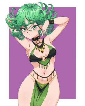Rule 34 | alternate breast size (larger), arabian clothes, armpits, arms up, belly dancer, breasts, choker, cowboy shot, green eyes, green hair, jewelry, medium breasts, navel, one-punch man, pelvic curtain, purple background, tatsumaki, thighs, zuchysdraws
