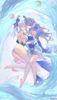 2girls absurdres alternate_costume ass barefoot bikini blue_dress blue_eyes blush breasts closed_mouth collarbone commentary_request demon_horns demon_tail demon_wings detached_sleeves dress drill_hair duel_monster fins grey_hair hair_ornament head_fins highres horns kitkallos_(yu-gi-oh!) large_breasts long_hair long_sleeves looking_at_viewer lovely_labrynth_of_the_silver_castle medium_breasts multiple_girls open_mouth pointy_ears rare_lemon sleeves_past_wrists smile swimsuit tail tearlaments_kitkallos thighhighs tiara twin_drills underwater white_bikini white_thighhighs white_tiara wings yu-gi-oh! yuri