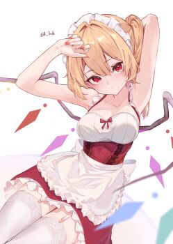 1girl :/ alternate_breast_size_(larger) alternate_costume apron artist_name blonde_hair blush breasts closed_mouth commentary double-parted_bangs dress flandre_scarlet frilled_dress frills hands_up highres long_hair looking_at_viewer medium_breasts metal_wings r_utchi red_dress red_eyes side_ponytail sitting solo thigh_strap thighhighs touhou twitter_username untranslatable_commentary waist_apron white_apron white_background white_thighhighs