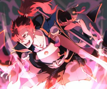 Rule 34 | 0nodera, 1boy, armor, collarbone, commentary request, fate/grand order, fate (series), gauntlets, hair over one eye, holding, holding polearm, holding weapon, japanese armor, japanese clothes, long hair, male focus, mori nagayoshi (fate), open mouth, polearm, ponytail, red hair, sharp teeth, shoulder armor, sideburns, smoke, sode, solo, tassel, teeth, upper body, weapon