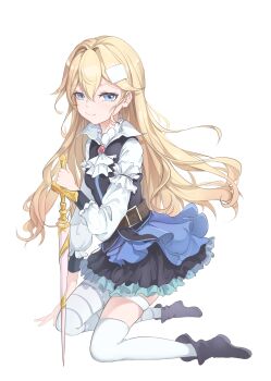 Rule 34 | 1girl, absurdres, aged down, black boots, black dress, blonde hair, blue eyes, boots, chinese commentary, commentary request, dress, durandal (honkai impact), feigongshishou, highres, honkai (series), honkai impact 3rd, long hair, looking at viewer, planted, planted sword, planted weapon, simple background, smile, solo, sword, thighhighs, very long hair, weapon, white background, white thighhighs
