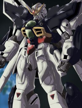 1990s_(style) absurdres after_war_gundam_x clenched_hands commentary dark_background glowing glowing_eyes green_eyes gundam gundam_double_x highres mecha mobile_suit no_humans retro_artstyle robot science_fiction sind_ngmhn28 solo standing thrusters v-fin