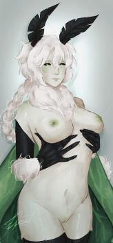 1girl antennae arthropod_girl braid braided_ponytail breasts colored_nipples colored_skin commentary english_commentary gradient_background green_nipples green_skin hair_between_eyes highres insect_girl insect_wings long_hair looking_at_viewer monster_girl moth_antennae moth_girl moth_wings navel neck_fur nipples nude original pussy single_braid smile solo white_fur white_hair white_skin wings
