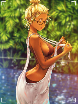 1girl a.x. absurdres arched_back bangs_pinned_back bikini blonde_hair blurry blurry_background breasts butt_crack closed_eyes commentary_request cowboy_shot dated day depth_of_field dress expressionless eyelashes fingernails forehead from_side glasses hands_up highres large_breasts original outdoors parted_lips photo-referenced red-framed_eyewear red_bikini red_lips round_eyewear sideless_dress solo standing swimsuit topknot turning_head variant_set white_dress