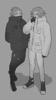 Rule 34 | 2boys, absurdres, adjusting clothes, alternate costume, aotsuki eito, commentary, covered mouth, drawstring, dual persona, english commentary, full body, glasses, gloves, greyscale, hands in pockets, highres, jacket, looking at viewer, loveturtle2, male focus, monochrome, multiple boys, official alternate hairstyle, pants, shoes, short hair, simple background, sleeve pouch, the hundred line -last defense academy-, watermark