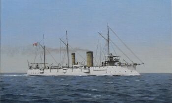 acrylic_paint_(medium) atelier_bono cannon chishima_(cruiser) commentary_request cruiser evening flag highres imperial_japanese_navy mast military_vehicle morning no_humans ocean original painting_(medium) rising_sun_flag ship ship_turret sky smoke smoke_trail smokestack sunburst traditional_media vehicle_focus warship watercraft