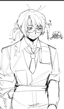 1boy absurdres anger_vein annoyed arthropod_limbs bags_under_eyes beard_stubble belt breast_pocket chibi chibi_inset closed_mouth collarbone collared_shirt cowboy_shot dress_shirt expressionless facial_hair formal_clothes glasses gregor_(project_moon) greyscale hair_between_eyes half-closed_eyes highres jitome limbus_company lineart long_hair long_sleeves looking_to_the_side loose_necktie low_ponytail male_focus messy_hair monochrome necktie open_mouth pants parted_bangs pocket ponytail pouch project_moon sanpaku semi-rimless_eyewear shirt simple_background sketch sleeves_rolled_up solo standing stubble suit sweatdrop under-rim_eyewear upper_body vest white_background