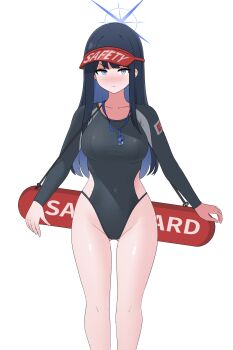 Rule 34 | 1girl, absurdres, black hair, black one-piece swimsuit, blue archive, blue eyes, breasts, collarbone, feet out of frame, halo, highres, hrna, lifeguard, long hair, long sleeves, looking at viewer, medium breasts, multicolored swimsuit, one-piece swimsuit, saori (blue archive), simple background, solo, swimsuit, visor cap, whistle, whistle around neck, white background