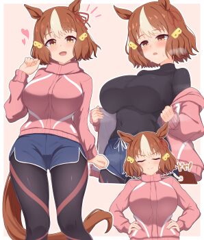1girl absurdres animal_ears belno_light_(umamusume) black_leggings black_shirt blue_shorts blush bow breasts breath brown_hair closed_eyes closed_mouth commentary_request covered_navel ear_ribbon hair_ornament heart highres horse_ears horse_girl horse_tail jacket large_breasts leggings leggings_under_shorts letter_hair_ornament long_sleeves looking_at_viewer multicolored_hair okomesuihanki open_mouth pink_jacket shirt short_hair shorts smile sweat tail two-tone_hair umamusume umamusume:_cinderella_gray white_hair