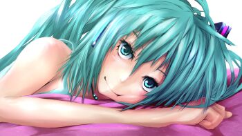 1girl blue_eyes blue_hair blue_tank_top blush boru_(ochagashi) cheek_squash closed_mouth commentary_request hair_between_eyes hair_ornament hatsune_miku headset highres long_hair looking_at_viewer lying on_bed on_side pov_across_bed smile solo tank_top vocaloid