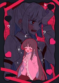 2girls ? ?? blush brown_hair closed_eyes collared_shirt commentary frilled_shirt_collar frilled_sleeves frills fujiwara_no_mokou grey_hair heart heart_in_eye highres houraisan_kaguya interlocked_fingers long_hair long_sleeves multiple_girls open_mouth own_hands_together pink_shirt red_skirt shirt skirt smile symbol_in_eye tamiko_(tamik0224) touhou very_long_hair wide_sleeves
