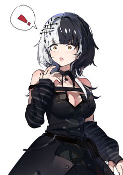 ! 1girl :o absurdres bare_shoulders belt black_arm_warmers black_belt black_choker black_dress black_hair black_nails breasts carternanmen chest_belt choker dress grey_hair hair_ornament hand_up hashtag-only_commentary highres hololive hololive_english large_breasts light_blush long_hair multicolored_hair nail_polish open_mouth shiori_novella shiori_novella_(1st_costume) simple_background sleeveless sleeveless_dress solo split-color_hair spoken_exclamation_mark striped_arm_warmers two-tone_hair upper_body virtual_youtuber white_background wide-eyed yellow_eyes