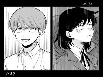 1boy 3girls :d behind_another blazer blush bowl_cut collared_shirt dos_i2525 dress_shirt fujii_ayame futsuu_no_keion-bu greyscale hatono_chihiro highres jacket lapels monochrome motion_lines multiple_girls neck_ribbon notched_lapels open_mouth portrait ribbon scene_reference school_uniform shirt short_hair smile speed_lines split_screen takami_kouki uchida_momo v-shaped_eyebrows