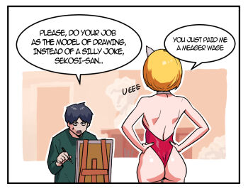 1boy 1girl animal_ears art_room ass blonde_hair border bust_(sculpture) canvas_(object) cat_ears detached_collar easel english_text facing_away fake_animal_ears from_behind hands_on_own_hips highleg highleg_leotard holding holding_pencil kittysuit leotard modeling nontraditional_playboy_bunny outline pencil playboy_bunny red_leotard short_hair some1else45 speech_bubble strapless strapless_leotard sweatdrop white_border white_outline