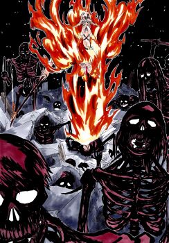 1boy absurdres alpen_no_koyari bald bankai beard black_background bleach bleach:_sennen_kessen-hen closed_mouth commentary cross_scar empty_eyes facial_hair fighting_stance fire full_body highres holding holding_sword holding_weapon katana kubo_tite_(style) long_beard long_eyebrows male_focus mustache official_style old old_man open_mouth outline pyrokinesis rubble scar scar_on_face scar_on_forehead simple_background skeleton solo standing sunken_cheeks sword teeth thick_eyebrows undead upper_body weapon white_outline yamamoto-genryuusai_shigekuni zanka_no_tachi_(bankai)