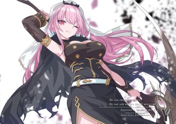 1girl black_cape black_dress black_tiara blush breasts cape cleavage commentary detached_sleeves dress holding holding_scythe hololive hololive_english jewelry large_breasts long_hair looking_at_viewer mori_calliope mori_calliope_(1st_costume) pink_eyes pink_hair red_eyes scythe shoulder_spikes single_detached_sleeve smile solo spiked_cape spikes symbol-only_commentary takasaka_light tiara veil virtual_youtuber
