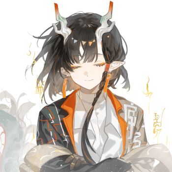 Rule 34 | 1girl, arknights, black hair, black hands, blunt bangs, blunt ends, braid, changjixitingrimu902, chinese clothes, chinese commentary, closed eyes, closed mouth, colored extremities, commentary request, dragon girl, dragon horns, earrings, eastern dragon horns, eyeliner, facing viewer, highres, horns, jewelry, jie (arknights), makeup, multicolored hair, orange eyeliner, pointy ears, short hair, side braid, simple background, smile, solo, streaked hair, upper body, white background