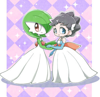 2girls blue_eyes blue_gloves bob_cut brown_hair checkered_background colored_skin diantha_(pokemon) dress elbow_gloves gardevoir gen_3_pokemon gloves green_hair green_skin hair_over_one_eye multicolored_skin multiple_girls nintendo pink_eyes pokemon pokemon_(creature) pokemon_xy smile sparkle two-tone_skin white_dress white_skin yuki_min_30