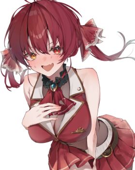 1girl black_choker blush breasts choker cleavage commentary_request enomoto_nao frilled_choker frills gloves hair_ribbon hand_on_own_chest heterochromia highres hololive houshou_marine houshou_marine_(1st_costume) jacket large_breasts leotard leotard_under_clothes long_hair looking_at_viewer open_mouth red_eyes red_hair red_jacket red_ribbon red_skirt ribbon skirt sleeveless sleeveless_jacket solo twintails virtual_youtuber white_gloves yellow_eyes