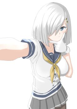 Rule 34 | 1girl, 30-06, black pantyhose, blue eyes, cowboy shot, dynamic pose, gloves, grey hair, grey sailor collar, grey skirt, hair over one eye, hamakaze (kancolle), hand on own chin, highres, kantai collection, neckerchief, pantyhose, pleated skirt, sailor collar, sailor shirt, school uniform, selfie, serafuku, shirt, short hair, simple background, skirt, solo, white background, white gloves, white shirt, yellow neckerchief