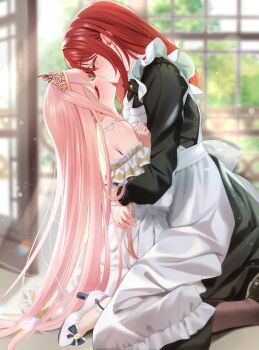 2girls apron bagel_sandica berry_(shoujo_no_nozomanu_eiyuutan) black_dress blush closed_eyes commentary_request dress high_heels highres hug indoors jewelry kiss krische light_particles long_hair maid maid_apron multiple_girls necklace pink_hair red_hair shoes shoujo_no_nozomanu_eiyuutan tiara white_apron white_dress white_shoes window yuri