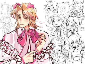 Rule 34 | 2boys, 6+girls, :d, absurdres, adjusting sleeves, aegyo sal, ahoge, androgynous, animal ears, baseball bat, beret, blankcharti, blonde hair, bow, bowtie, brown eyes, capelet, character name, closed mouth, colored eyelashes, commentary, curtained hair, darling valentina, dear dollie, demon girl, demon horns, dog ears, doodle inset, double-parted bangs, dual persona, earrings, english commentary, english text, fake animal ears, fins, frilled capelet, frilled sleeves, frills, frown, furrowed brow, genderswap, genderswap (ftm), hair behind ear, hair between eyes, hair bow, hair ornament, hat, hat tip, head fins, highres, holding, holding baseball bat, horns, jewelry, lips, long hair, long sleeves, looking at viewer, male focus, microphone stand, multiple boys, multiple girls, open mouth, pink bow, pink bowtie, pink capelet, puffy long sleeves, puffy sleeves, roblox, royale high, shadow empress, shirt, sidelocks, smile, solo focus, speech bubble, star (symbol), star earrings, sweat, swept bangs, tareme, teeth, tiara, tsurime, upper body, upper teeth only, white background, white shirt, wing hair ornament