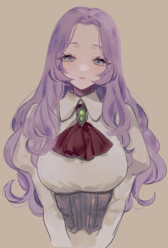 1girl ascot blue_eyes breasts brooch brown_background closed_mouth collared_dress commentary_request corset cropped_torso dress eurasia_(wtp09ptw14) forehead francoise_(eurasia) gem green_gemstone grey_corset highres jewelry juliet_sleeves large_breasts long_hair long_sleeves looking_at_viewer original parted_hair puffy_sleeves purple_hair red_ascot simple_background sketch smile solo straight-on white_dress