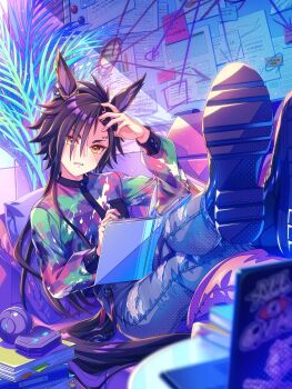 1girl air_shakur_(umamusume) animal_ears black_hair blurry blurry_foreground book boots casual computer couch cushion earrings full_body highres holding holding_book horse_ears horse_girl horse_tail jewelry laptop legs_up long_hair long_sleeves looking_at_viewer official_art orange_eyes pants piercing single_earring sitting solo tail third-party_source torn_clothes torn_pants tsurime umamusume