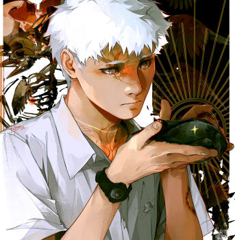 1boy absurdres animal animal_bones bird bird_wings bite_mark bone crow highres hikaru_ga_shinda_natsu hinamie holding holding_animal holding_bird indou_hikaru looking_at_animal male_focus multicolored_eyes red_pupils shirt short_sleeves sunburst two-tone_eyes veins watch white_hair white_shirt wings wristwatch